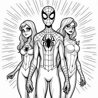 Spider-Man is joined by other characters from the Spider-Verse, like Spider-Gwen, Miles Morales, and Spider-Ham. Each character is in a unique pose that reflects their personality, with a colorful, comic-book-style background full of vibrant city elements and action bursts.