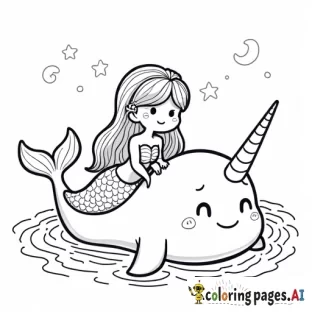 kawaii mermaid playing with a narwhal