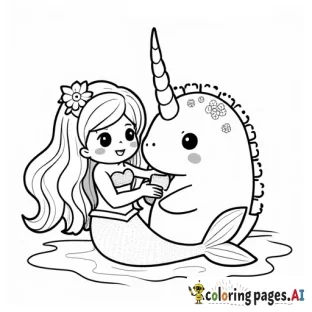 kawaii mermaid playing with a narwhal, no grayscale