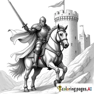 knight in full armor, castle behind him, really detailed, no grey zones, raising sword riding a horse, do a lot of details in the castle, also the knight and the horse, really detailed