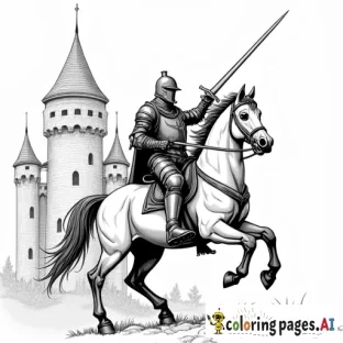knight in full armor, castle behind him, really detailed, no grey zones, raising sword riding a horse, do a lot of details in the castle, also the knight and the horse, for adults