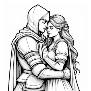 knight with maiden hugging - Free Printable Coloring Page