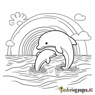 dolphin that is jumping out of the water, an there are rainbows and the sun behind the dolphin