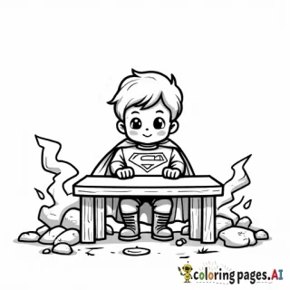 A superhero child in a cape hiding under a sturdy table protecting himself during an earthquake