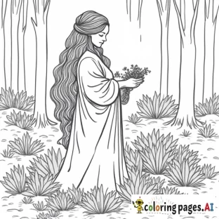 lady in a pine forest gathering herbs