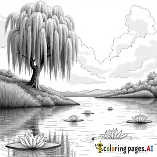 lake with weeping willow and water lilies