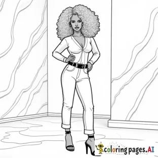 line art work coloring page  of a afro- samoan woman  with full lips broad nose in a abstract painted room spectacular pose  with an intricate 90's blonde hairstyle form fitting white belted top and  white pants   strapped heels Makeup is flawless fluffy lashes and full lips adorned with lipgloss no gray scale