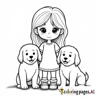 Little blonde girl with two big fluffy dogs