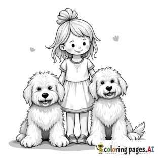 Little blonde girl with two big fluffy doodle dogs