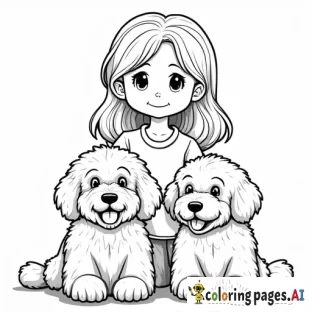 Little blonde girl with two big fluffy doodle dogs simple