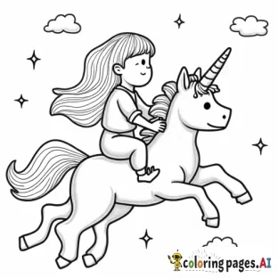little girl named luci with bangs riding a kitty unicorn in the clouds