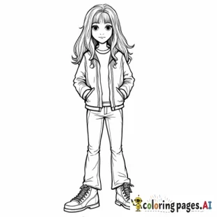 Little girl with long wavy hair down to her waist. She is wearing flared pants, sneakers, and a cool jacket
