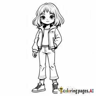 Little girl with waist-length wavy hair wearing flared pants, sneakers, and a cool jacket