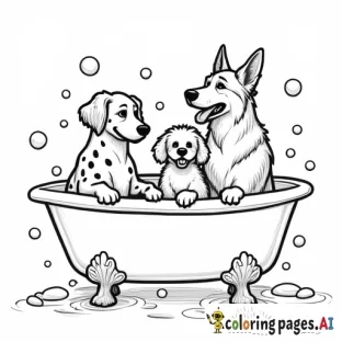 Luna (Dalmatian) is splashing water in the bathtub. Bella (Poodle) is carefully applying bubbles to her fur, and Rocky (German Shepherd) is trying to escape from the tub, his paws on the edge.