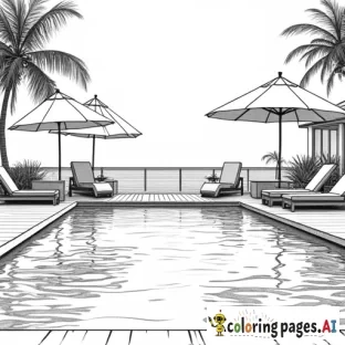 Luxury Resort Poolside - A resort-style pool scene with loungers, umbrellas, and a swim-up bar.