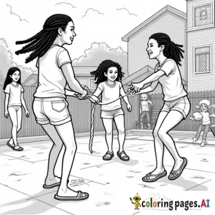 make everything and every person on the page white and outline everything else. make the generated image into a coloring page out of a book.make everything and every person on the page white and outline everything else. make the generated image look like a page out of a coloring book. Summer fun A summer scene unfolds in front of a brick building, where a group of Black individuals creates a lively, heartwarming moment. Three girls, aged 13-15, are immersed in a game of double dutch. Two of them stand at either end of two ropes, their hands moving rhythmically as they turn the ropes in opposite directions. The third girl, barefoot and mid-jump, has placed her flip-flops neatly on the ground beside her. Her laughter fills the air, and her locs bounce as she moves with practiced ease. Her thick eyebrows, full eyelashes, and warm smile radiate joy.  Nearby, five onlookers—all Black—watch with interest. Two adults cheer enthusiastically, encouraging the girls, while a child claps along to the rhythm of the ropes. Further back, two boys and a girl walk past, one carrying a ball, while another person strolls in the distance.  An ice cream truck with the words "The African American Experience" painted on its side is parked on the street, adding a nostalgic touch to the scene. A portable radio rests on the ground, softly playing music that sets the pace for the double dutch game. Two adults, both with braided hairstyles, stand to the side in quiet conversation.  This moment, framed by the beauty of Black culture and community, captures the essence of a carefree summer afternoon shared with laughter, connection, and joy. no distorted faces. african american community. remove color.