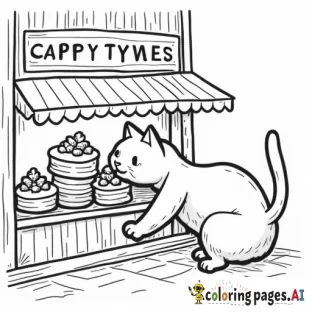 make me a coloring page with a cat stealing cake from a bakery