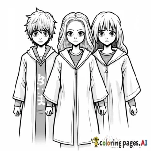 Make me a harry potter coloring page that includes the three main characters