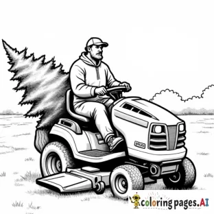 man on a zero turn lawn mower with a christmas tree being driven home