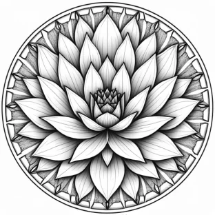 "Mandala design inspired by the lotus flower, with large, detailed petals unfolding around a central point. Each petal is finely detailed with thin veins and delicate lines, surrounded by symmetrical geometric shapes. The outer circle of the mandala is filled with soft, flowing patterns of smaller blossoms, leaves, and organic shapes. The design is symmetrical, intricate, and serene, ideal for a relaxing adult coloring experience."