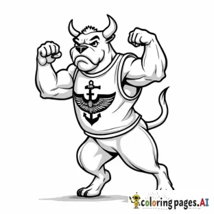 mean looking bull dog standing on hind legs flexing his muscles wearing a sleeveless shirt  with eagle globe and anchor, with a glag flying behind that has usmc on it