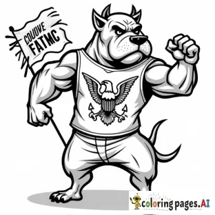 mean looking bull dog standing on hind legs flexing his muscles wearing a sleeveless shirt  with eagle globe and anchor, with a tattered flag flying behind that has usmc on it and no horns