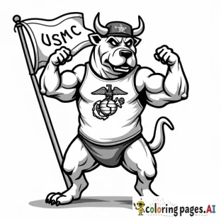 mean looking bull dog standing on hind legs flexing his muscles wearing a sleeveless shirt  with eagle globe and anchor, with a tattered flag flying behind that has usmc on it and no horns wearning hat saying USMC in mean looking letters