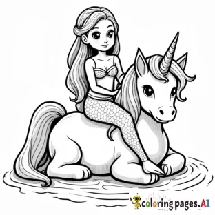 mermaid side sitting on unicorn with puppy