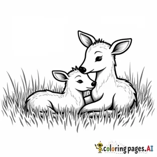 Mom and baby deer curled up in grass