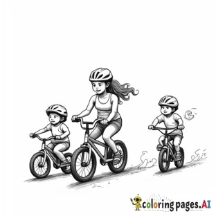 Mom with a 8 year old girl, a 6 year old boy and a 4 year old boy riding bikes