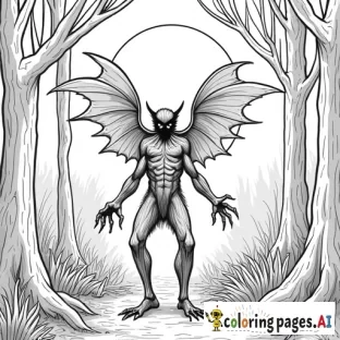 Mothman in the woods with full moon in the background