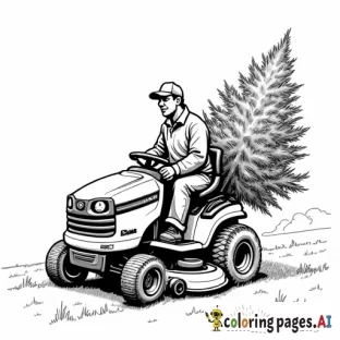 no background man on a zero turn lawn mower with a christmas tree being driven home