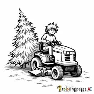 no background shaggy hair man on a zero turn lawn mower with a christmas tree being driven home