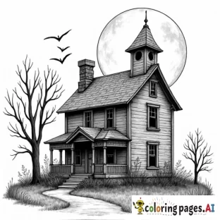 old dilapidated haunted house  hay witch large full moon