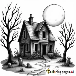 old dilapidated haunted house trees graves large full moon