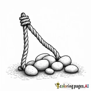 old fashioned rope sling shot, five stones, simple line drawing, no shading