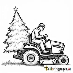 olutline of man on a zero turn lawn mower with a christmas tree being driven home