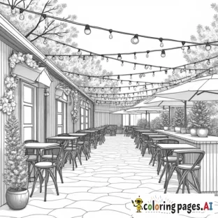 outdoor christmas cafe with lights, tables and chairs with decorations