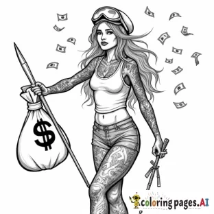 page for coloring book in black and white tattooed girl with ski mast holding money bag with money flying around in background