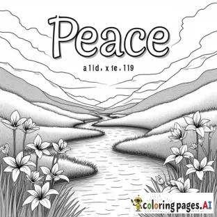 "Peace, be still"  in big letters with lilies spread through a valley besides a flowing river
