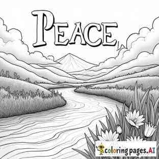 "Peace, be still"  in big letters with lilies spread through a valley besides a flowing river