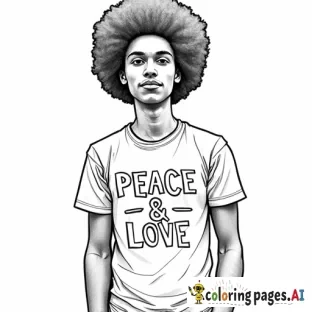 (PEACE & LOVE) - on a T-shirt that a person of color in afro is wearing the T-shirt