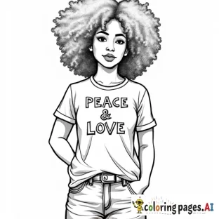 (PEACE & LOVE) - on a T-shirt that a woman of color in afro is wearing the T-shirt