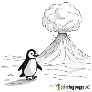 penguin waddling away from a snow volcano erupting