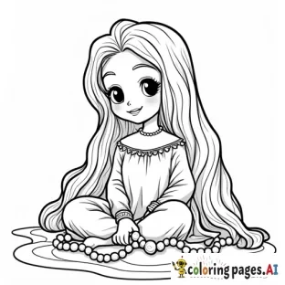 Pia Mia collecting pearls, Coloring Page, black and white, line art, white background, Simplicity, Ample White Space. The background of the coloring page is plain white to make it easy for young children to color within the lines. The outlines of all the subjects are easy to distinguish, making it simple for kids to color without too much difficulty