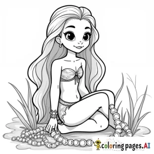 Pia Mia collecting pearls, Coloring Page, black and white, line art, white background, Simplicity, Ample White Space. The background of the coloring page is plain white to make it easy for young children to color within the lines. The outlines of all the subjects are easy to distinguish, making it simple for kids to color without too much difficulty