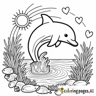 dolphin that is jumping out of the water, and there are fish and coral and hearts and there are rainbows and the sun behind the dolphin
