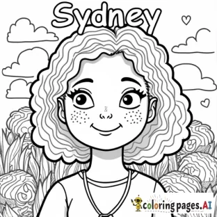 Please create a 8.5x11 colouring page with the name "Sydney" at the top, a cartoon young girl with curly short hair, freckles and a big smile. In the background please include images of dogs, dentist, candy, chocolate, social studies and music. Please fill the free space with geometric shapes to colour.