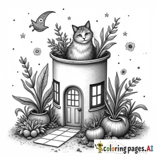 Pocket world style with the house inside of a soda can with lots of plants and cats.