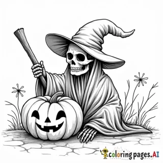 simple black and white Halloween coloring pages of pumpkins, ghouls, witches, and skeletons